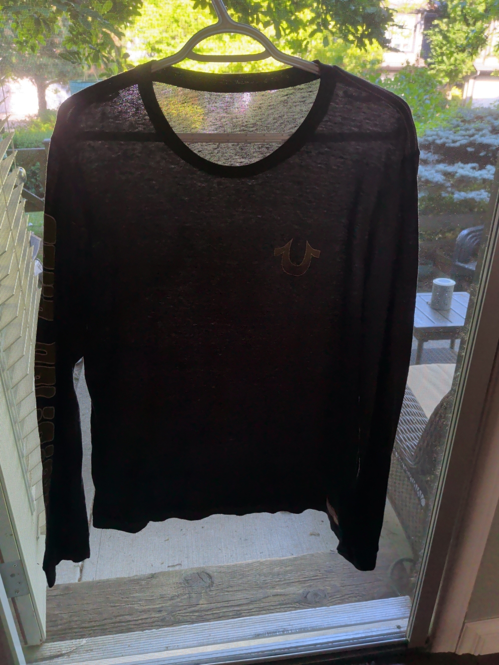 True Religion Mens XL Long Sleeve Graphic T Shirt Black Sleeve Logo Lightweight